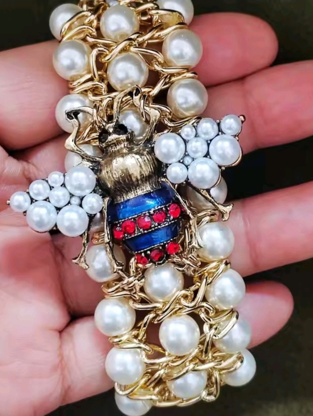 Gold Pearl Bee Statement Bracelet with Blue and Red Enamel Accent